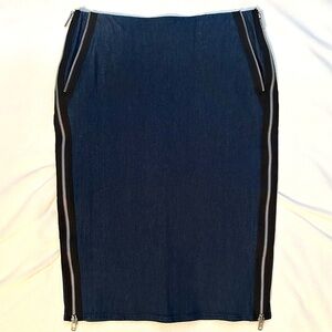 Scrupoli Italy Y2K Denim Jean Zipper Fitted Midi Skirt Womens 8 Stretch RARE